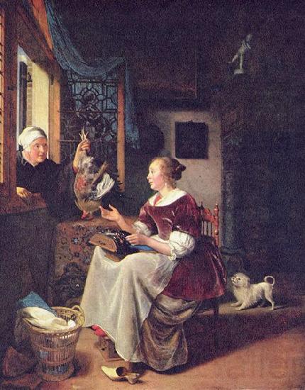 Pieter Cornelisz. van Slingelandt A young lacemaker is interrupted by a birdseller who offers her ware through the window Norge oil painting art